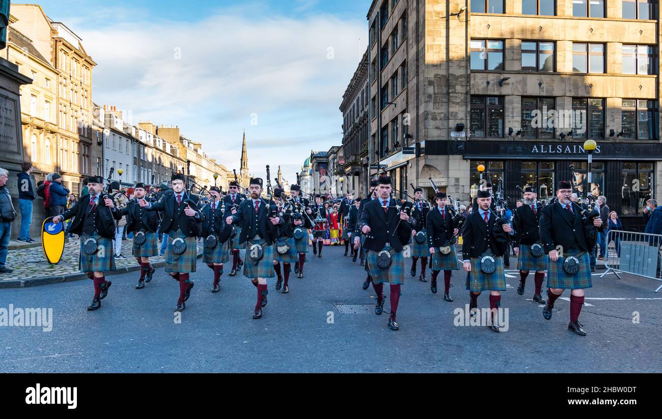 Scottish pipe band playing bagpipes at Diwali festival event parade, George Street, Edinburgh, Scotland, UK Stock Photo