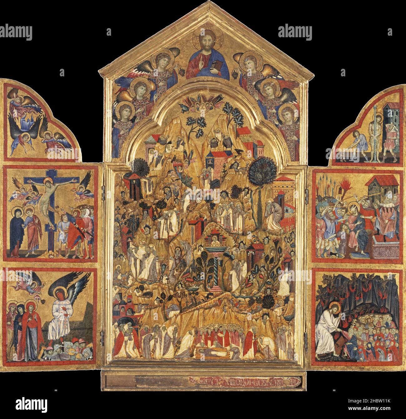 Death of S Ephraim, scenes from the lives of the Hermits - central -  Scenes from the Passion of Christ - winDi Tancredi Grifo - Maestro di San Gaggio - Stock Photo
