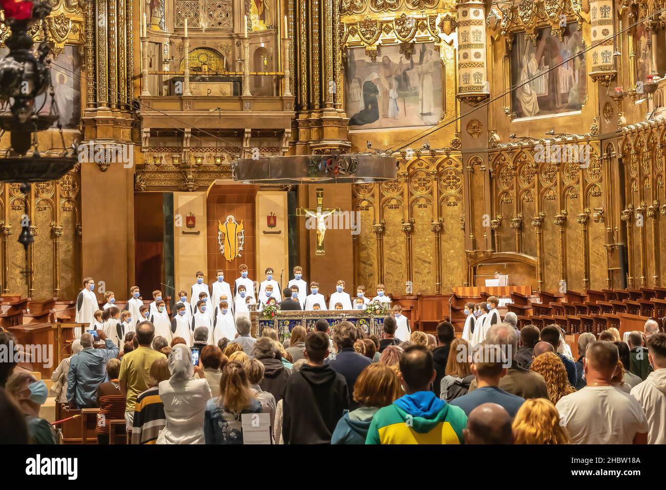 Barcelona, Spain - September 21, 2021: View of singing children in the  Holy Mass in the Basilica of Montserrat Stock Photo