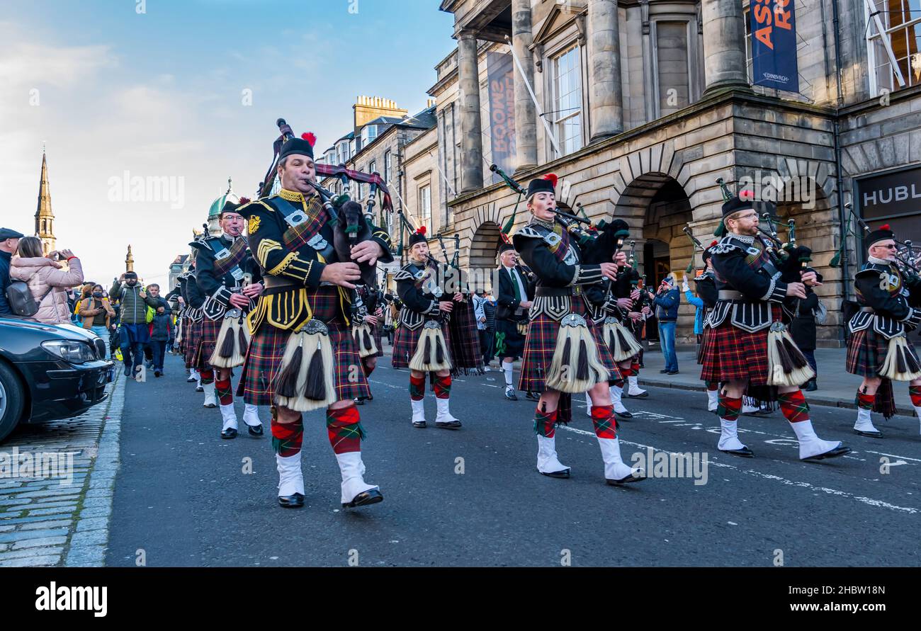 Scottish pipe band playing bagpipes at Diwali festival event parade, George Street, Edinburgh, Scotland, UK Stock Photo