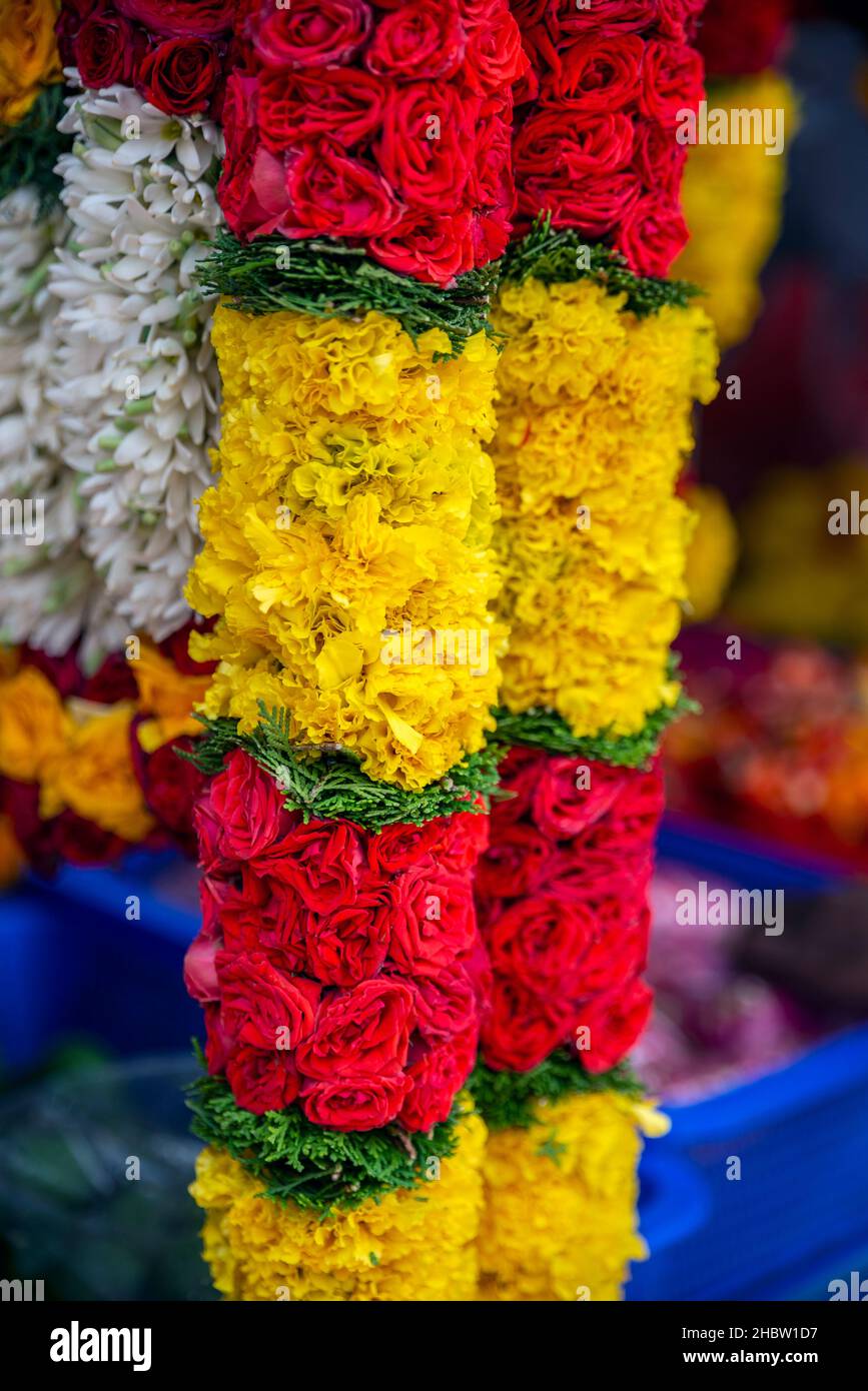 Floral garlands on sale at a market in Little India, Singapore Stock