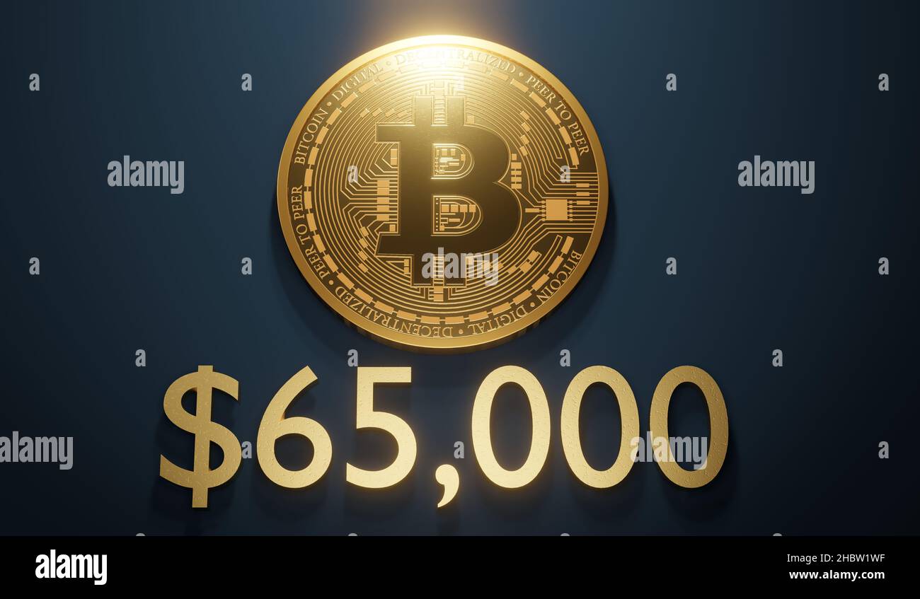 A 3D rendering of a bitcoin on a dark blue background, price 65000 USD  Stock Photo - Alamy