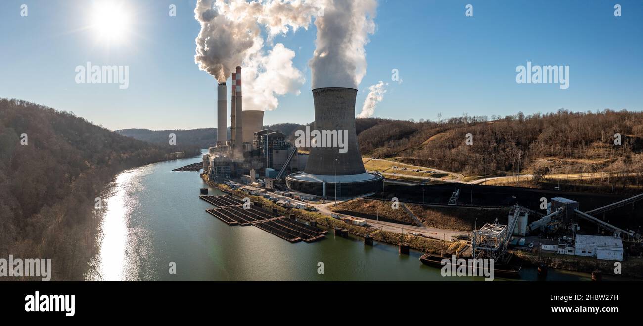 Aerial view of the coal powered electricity power station known as Fort Martin outside Morgantown, WV Stock Photo