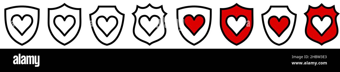 Heart icon inside shield, different versions. Love or protection concept Stock Vector