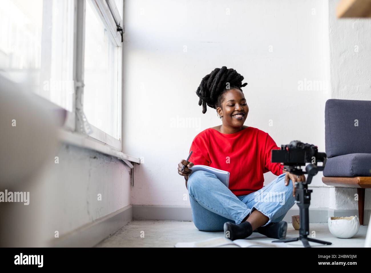 Female vlogger making social media video Stock Photo