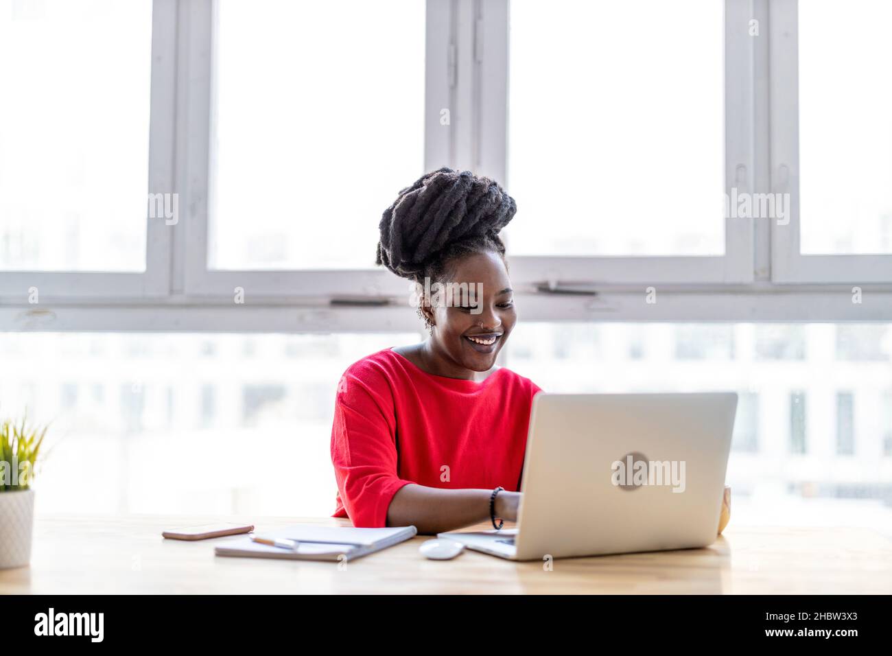 Woman working on laptop in her office Stock Photo
