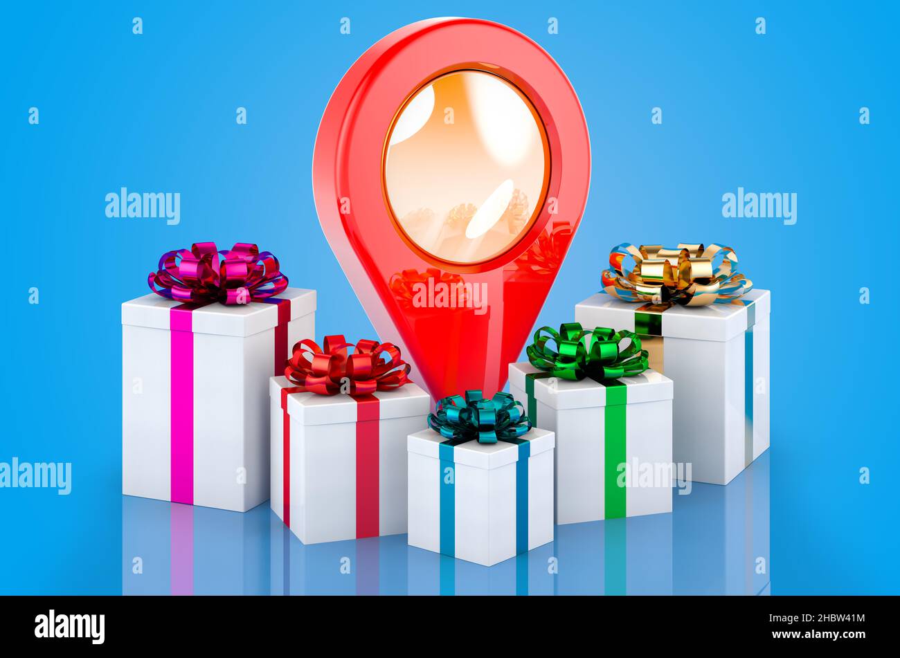 Map pointer with presents, 3D rendering isolated on blue background ...