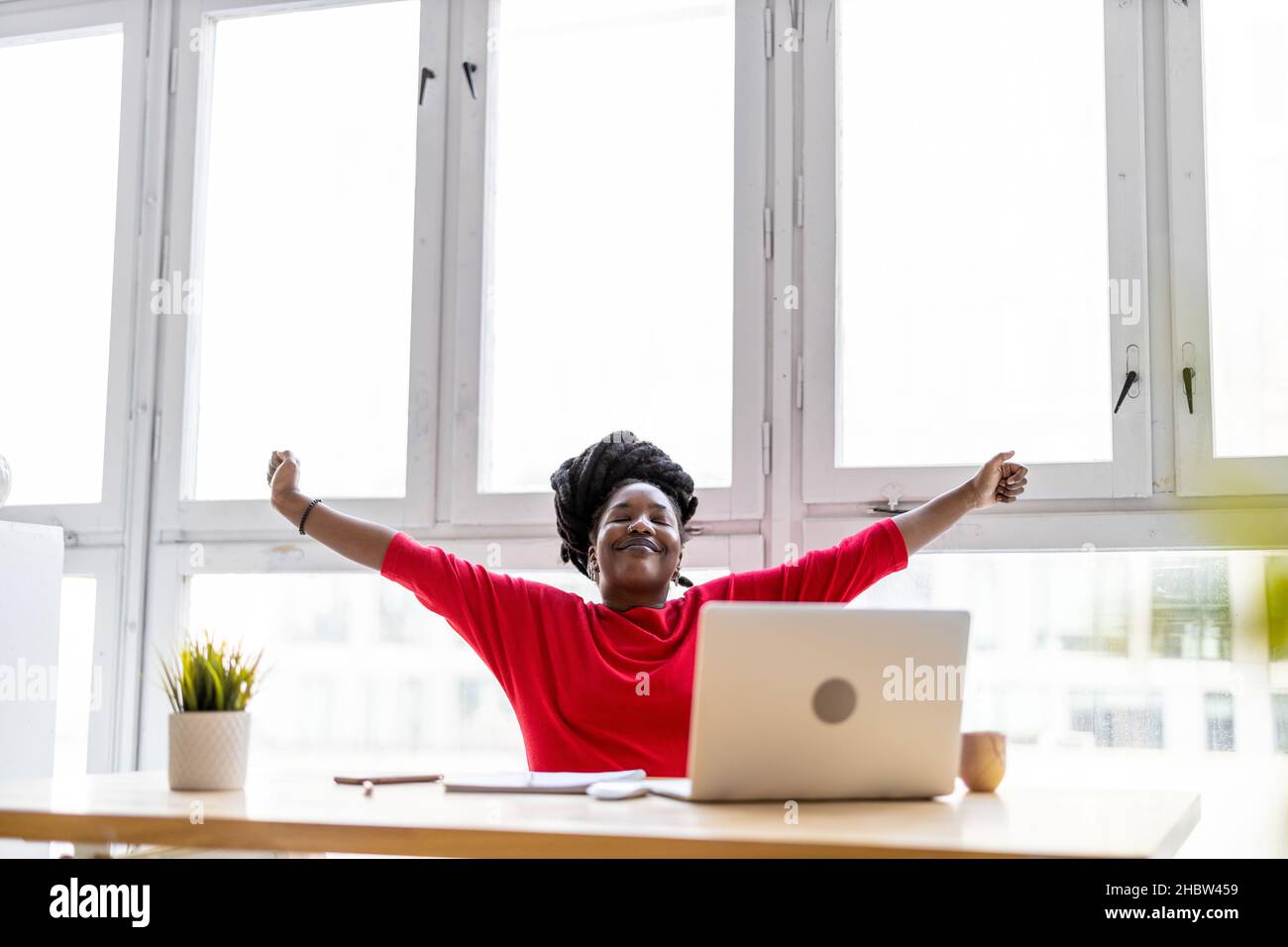 Woman working on laptop in her office Stock Photo