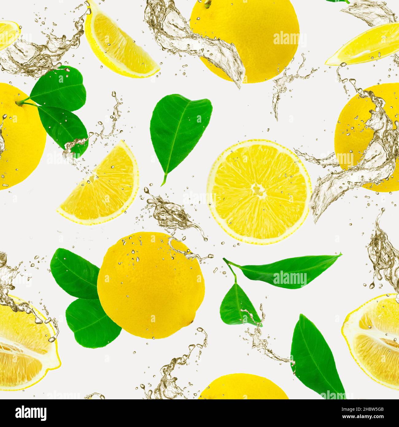 Seamless pattern of juicy ripe slices of lemon flying Falling with ...
