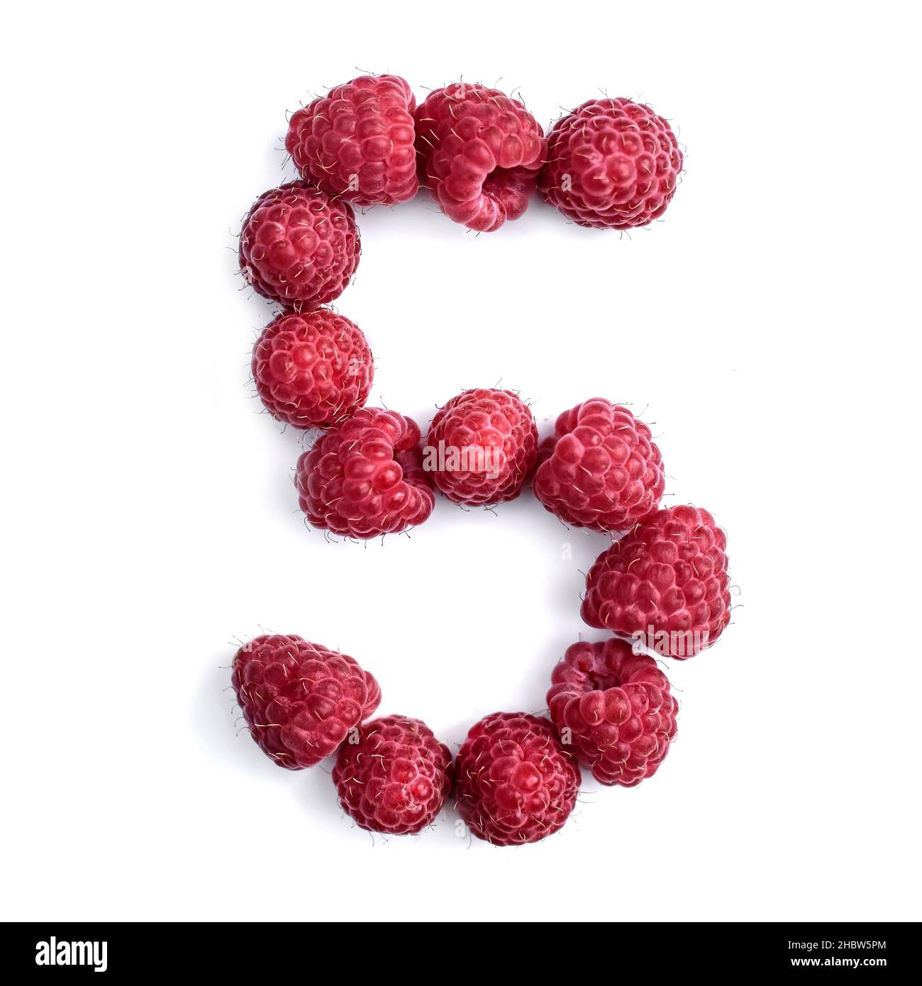 Number 5 of red delicious ripe raspberries, isolate on a white ...