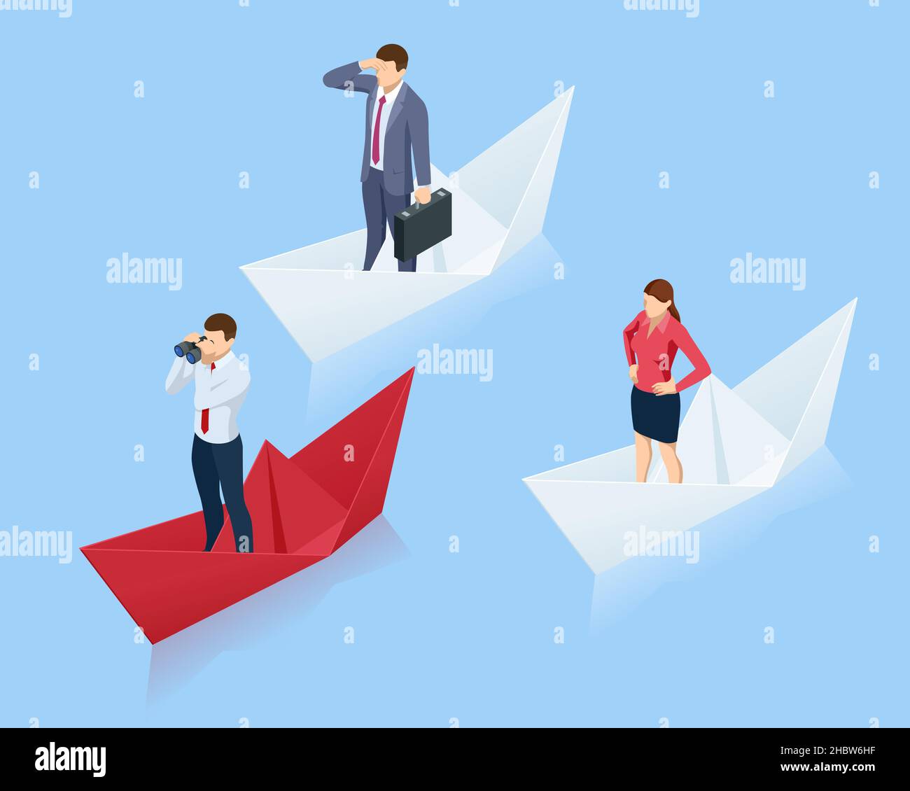Leadership concept. Red leader paper ship leading among others on blue background. Stock Vector
