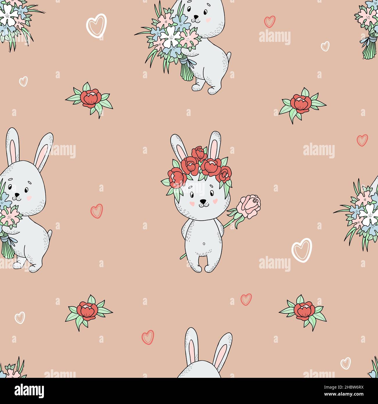 Seamless pattern with cute rabbits. Funny enamored rabbits in floral ...