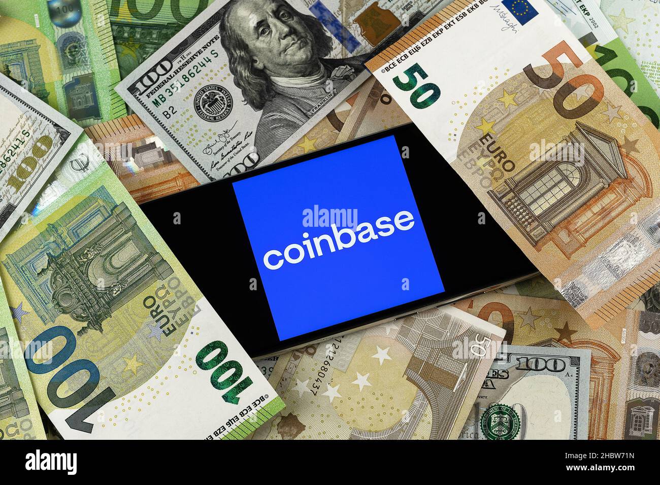 Coinbase editorial. Illustrative photo for news about Coinbase - a company that operates a cryptocurrency exchange platform Stock Photo