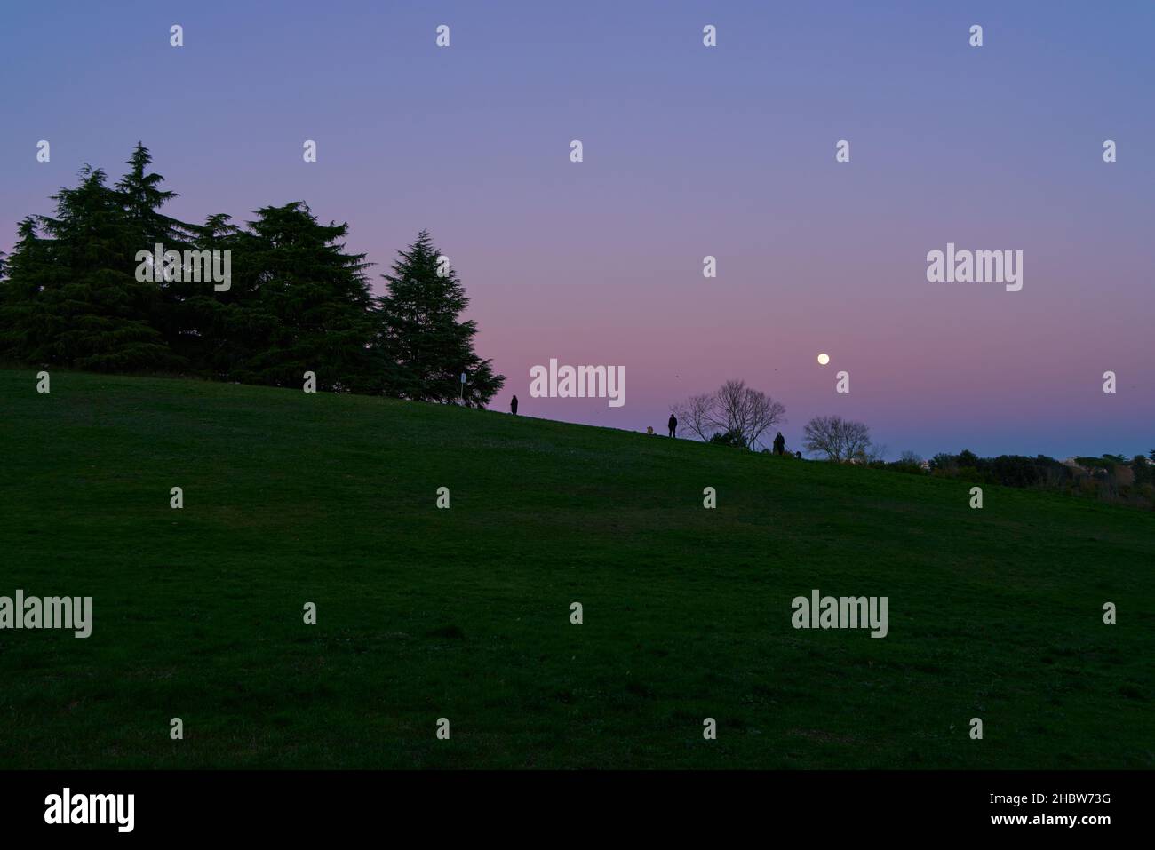 Moonrise at Villa Doria Pamphili city park in Rome, Italy Stock Photo