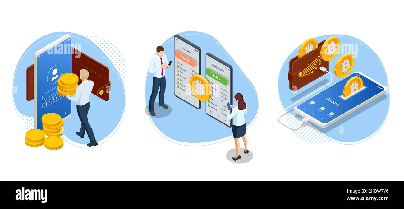 Cryptocurrency mining GPU-farm. Cryptocurrency and blockchain isometric composition. Big data processing. Platform services for exchange and sale Stock Vector