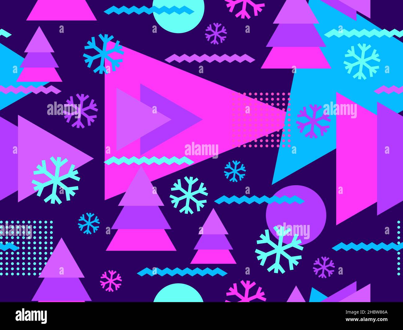 Christmas seamless pattern with geometric shapes in the style of the 80s. Christmas balls and trees with triangles, snowflakes for brochures, banners Stock Vector