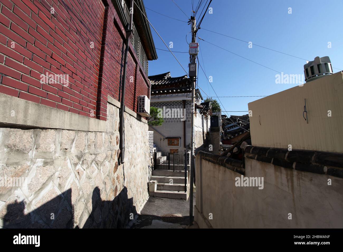 Bukchon Hanok Village in Seoul, South Korean, with traditionally built houses in the old Hanok style. Stock Photo