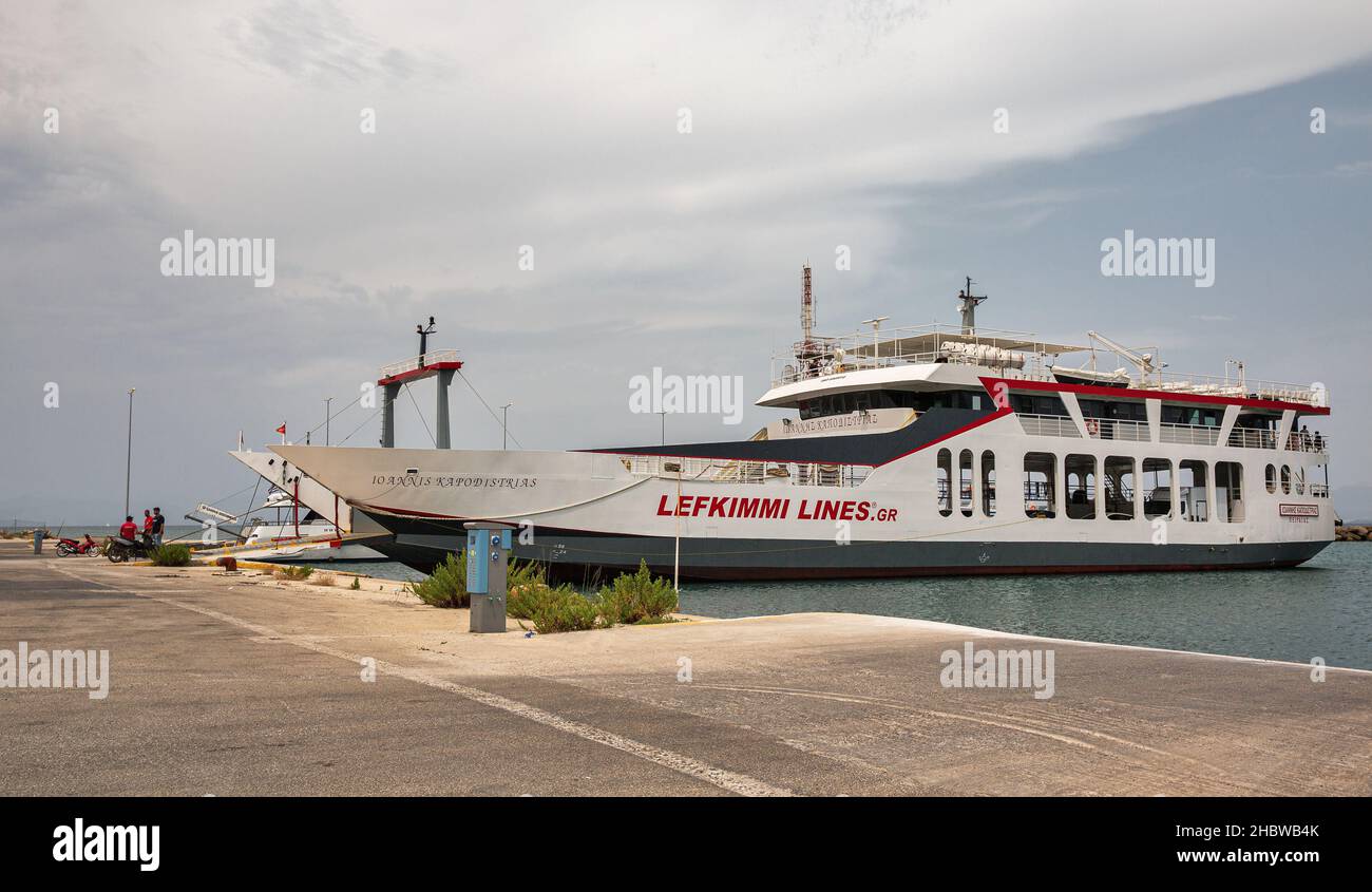 Lefkimmi, Corfu, Greece - August 05, 2021: Lefkimmi Lines ferry ship Ioannis Kapodistrias is ready to load in Lefkimmi Port. Lefkimmi is the southernm Stock Photo
