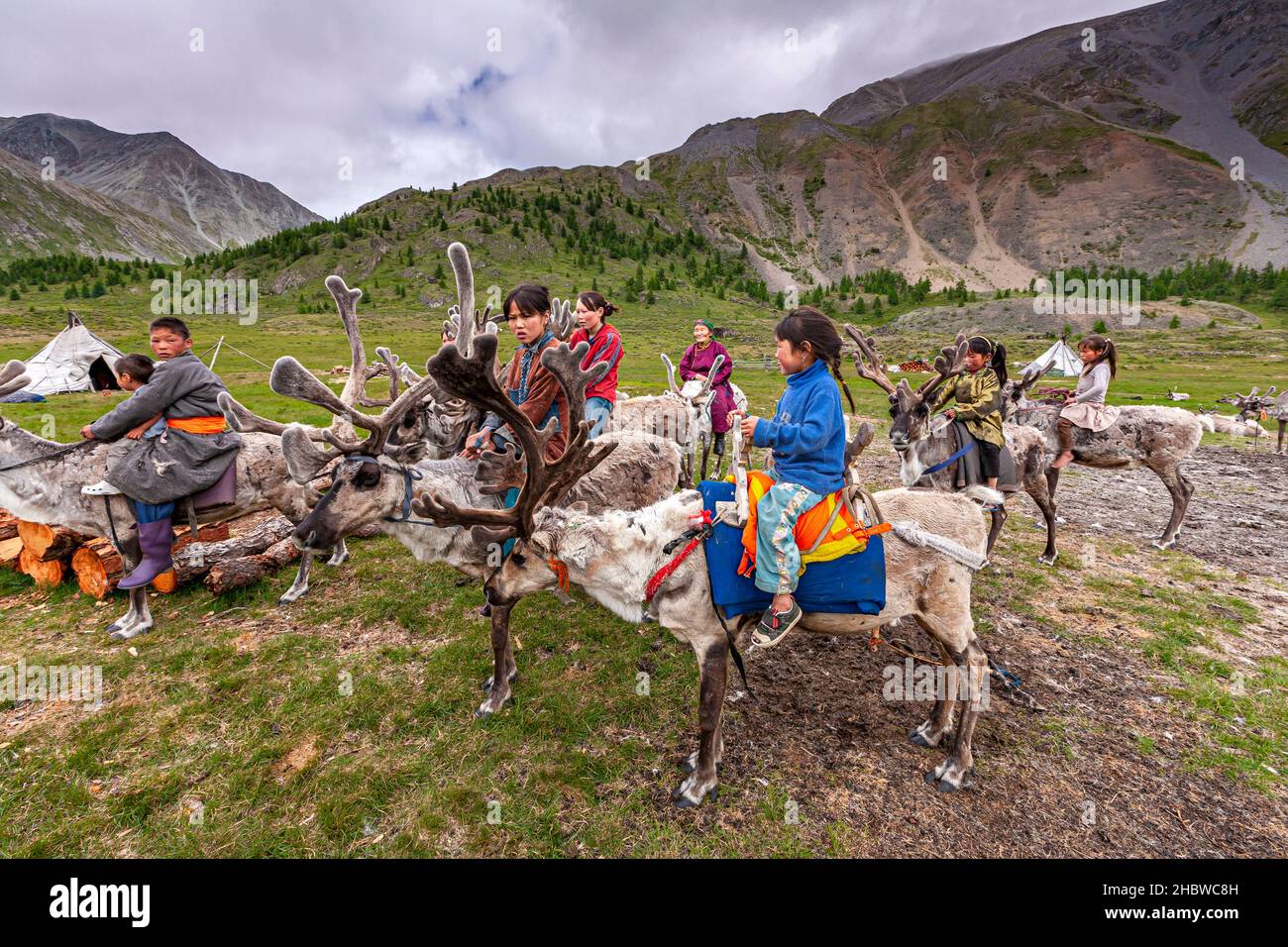 Turkic community of Semi Nomadic reindeer herders living in the northernmost province of Mongolia Stock Photo
