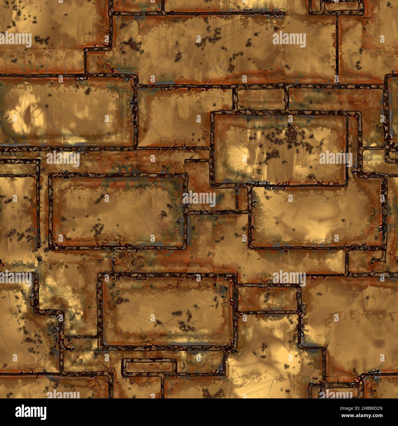 Rusty welded metal plates with alternative panel layout, derelict