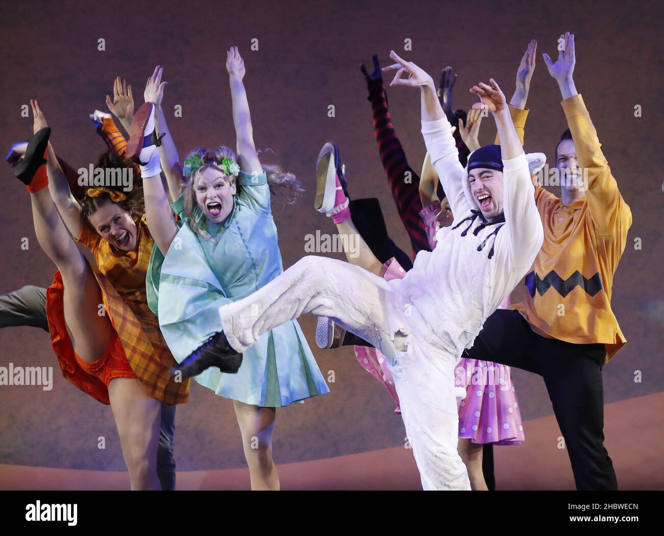 New York, United States. 21st Dec, 2021. Cast members D'Marreon Alexander, Giuliana Augello, Connor Barr, Sophia Delucchi, Chloe Gabila, Will Jewett, Lucy Rhoades, Sam Sanderson, Emma T. Wilcox and Leah Windahl perform during a special press preview of A Charlie Brown Christmas Live On Stage at The Palladium Times Square in New York City on Tuesday, December 21, 2021. Photo by John Angelillo/UPI Credit: UPI/Alamy Live News Stock Photo