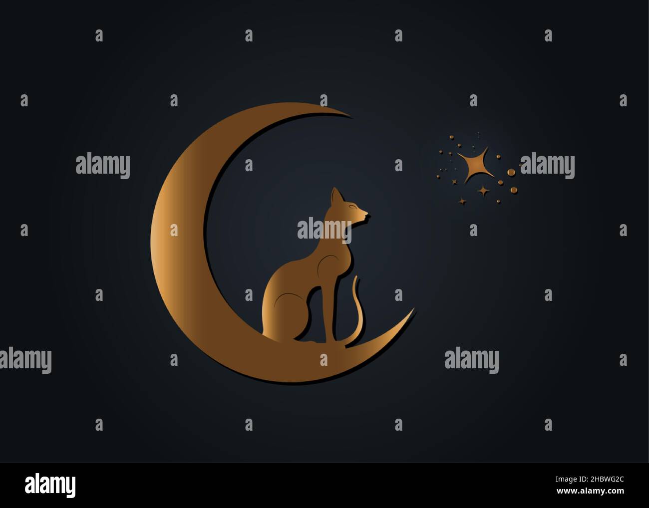 Egyptian Black Cat sitting on the crescent Moon, look at the stars. Golden Alchemy Logo Wicca symbol, boho style, gold tattoo icon. Vector SIGN Stock Vector