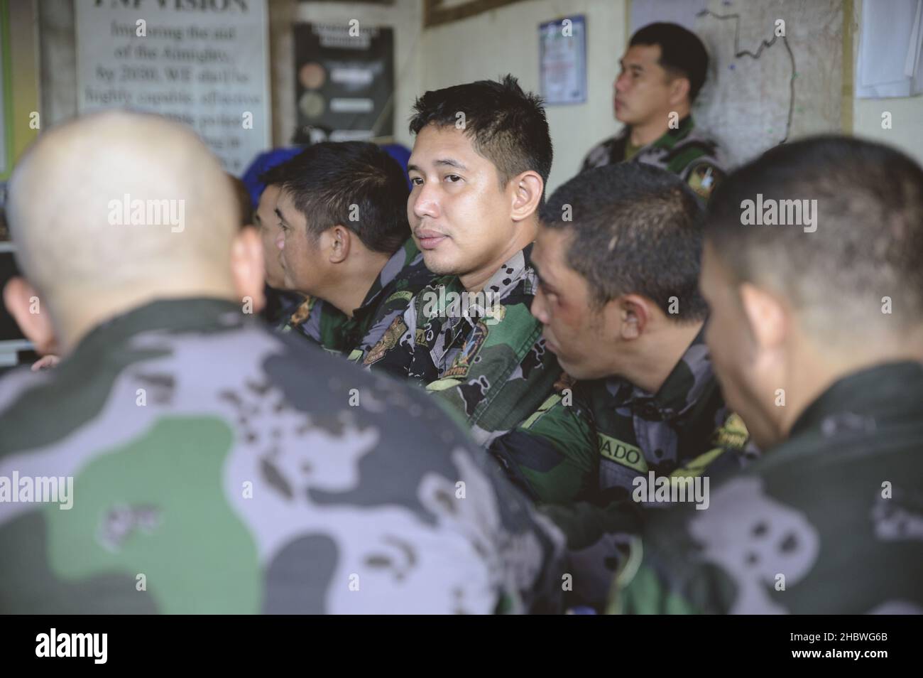 LA CARLOTA CITY, PHILIPPINES - Mar 01, 2019: The Filipino military personnel sitting in a meeting Stock Photo