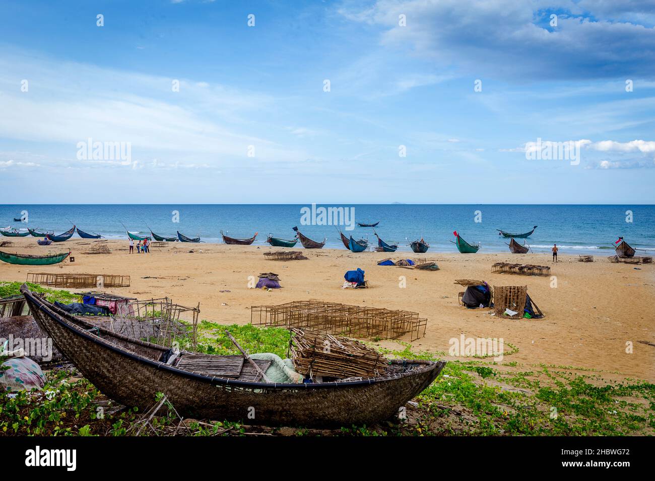 Basket Fishing Boats lined up on the beach in the morning after fishing at night. Stock Photo