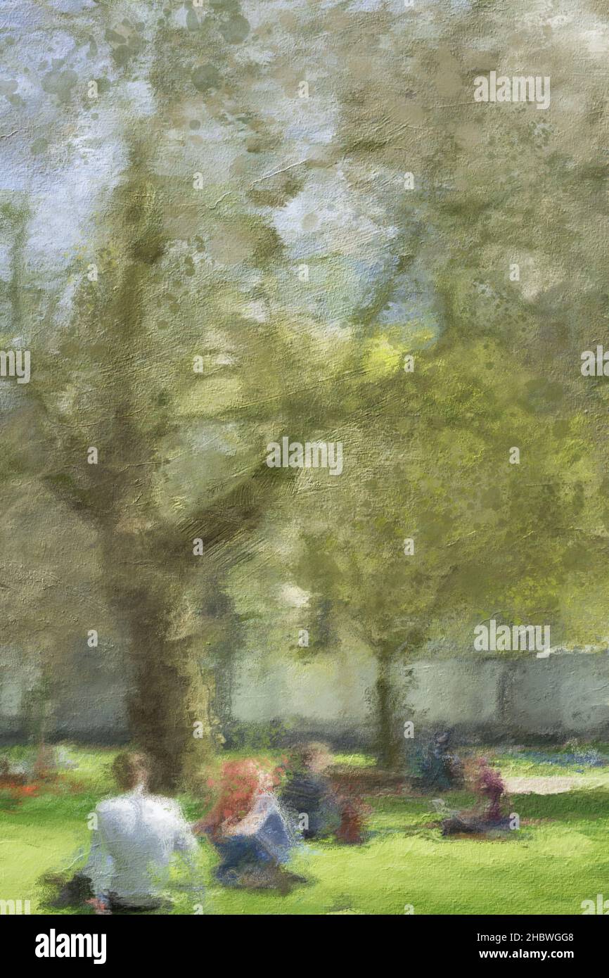 Oil painting people sitting in park Stock Photo - Alamy