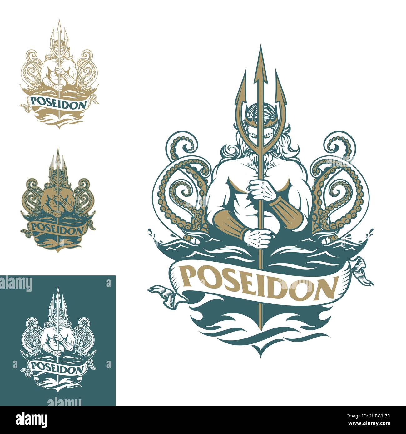 Poseidon and kraken insignia vector format for poster, tshirt print, symbol, or any other purpose. Stock Vector