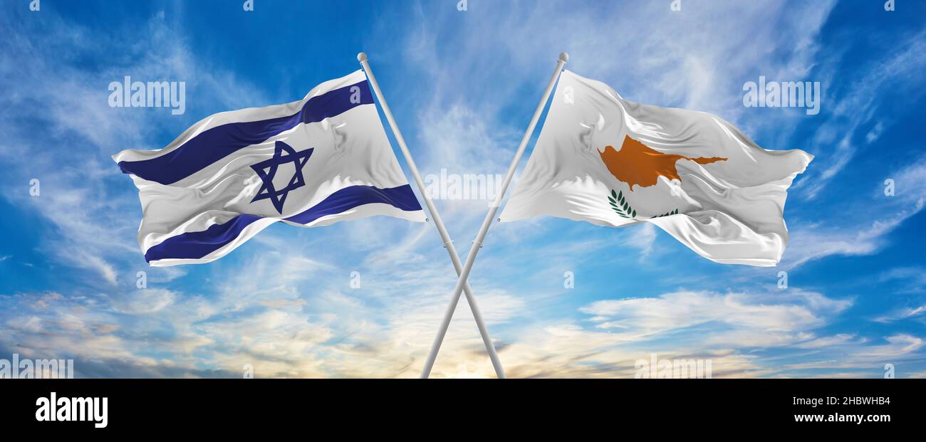 crossed national flags of Israel and Cyprus flag waving in the wind at ...