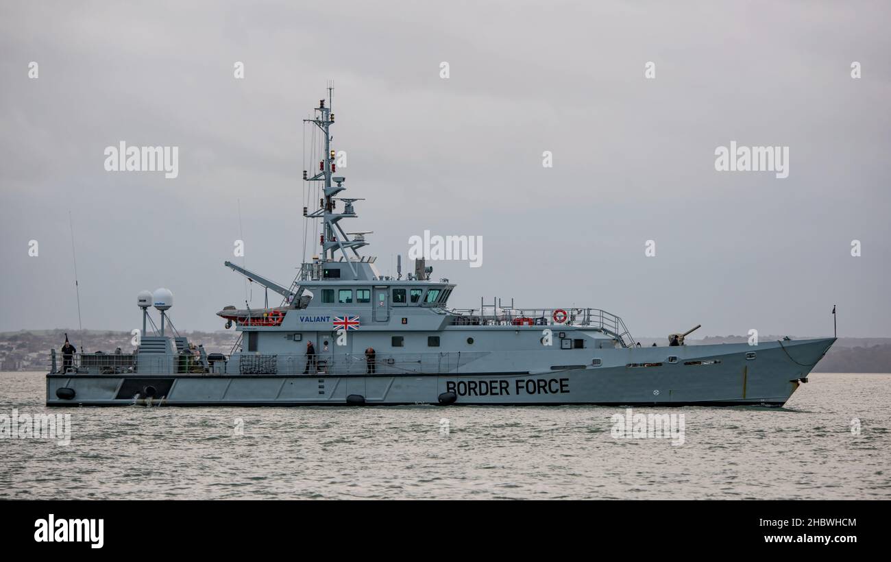 The UK Border Force cutter HMC Valiant inbound to Portsmouth Harbour, UK on the 9th December 2021. Stock Photo