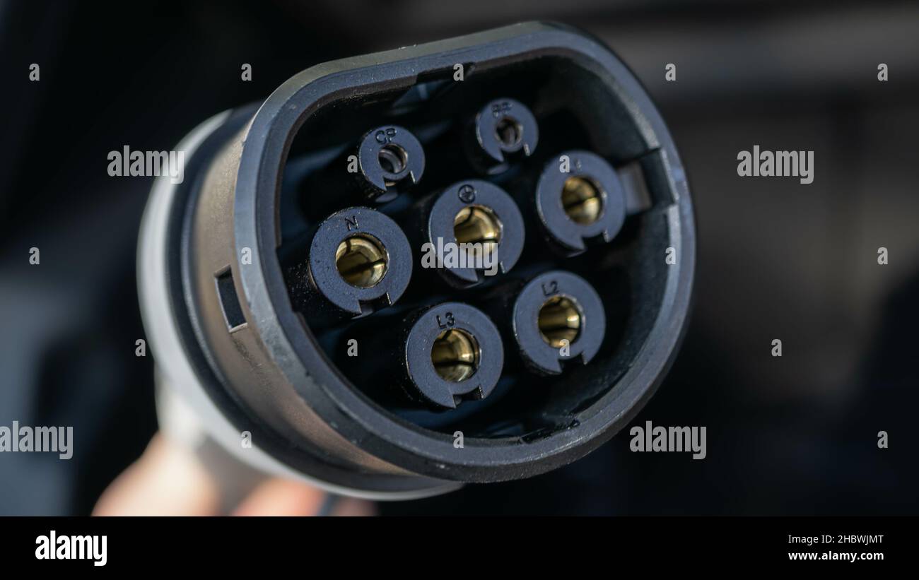 A closeup of a fastcharging cable for electric vehicles Stock Photo