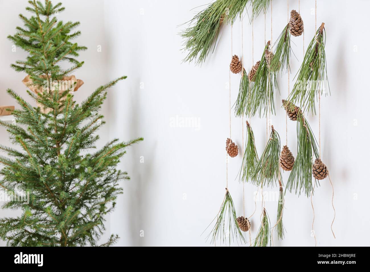 Beautiful Christmas decor made of fir branches and pine cones on white ...