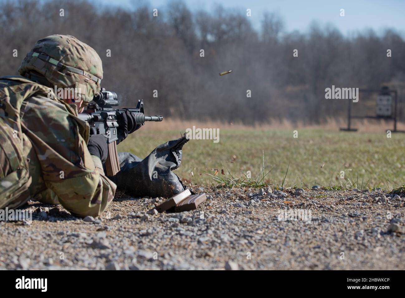 FORT KNOX, Ky. (Dec. 15, 2021) – V Corps Soldier Spc. Meghan Langford fires  her M4 rifle during an M4 qualification range at Fort Knox, Kentucky, Dec.  8. Quarterly qualification increases a