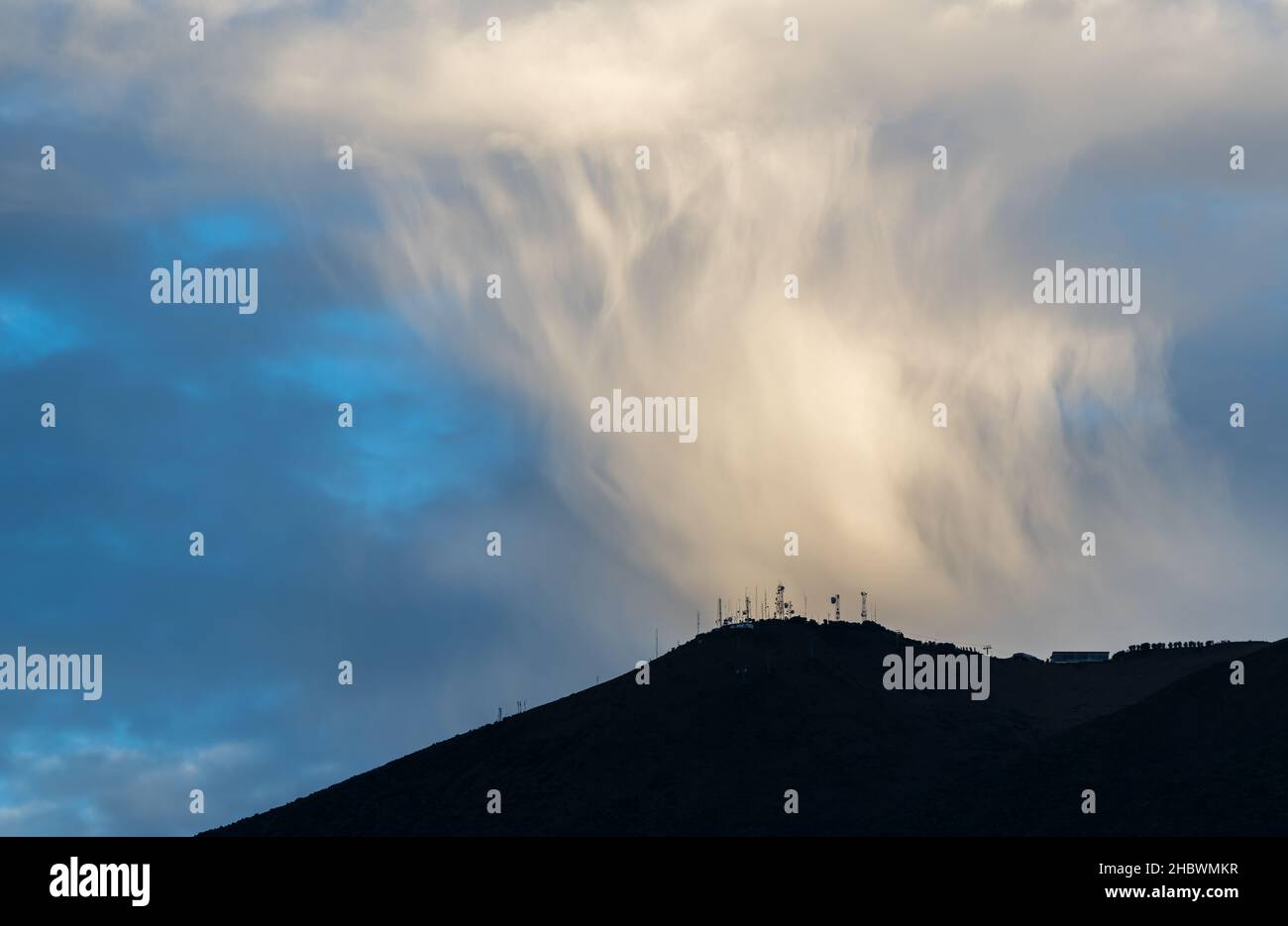 Torrential rain above the cable car station of the Pichincha Volcano, Quito, Ecuador. Stock Photo