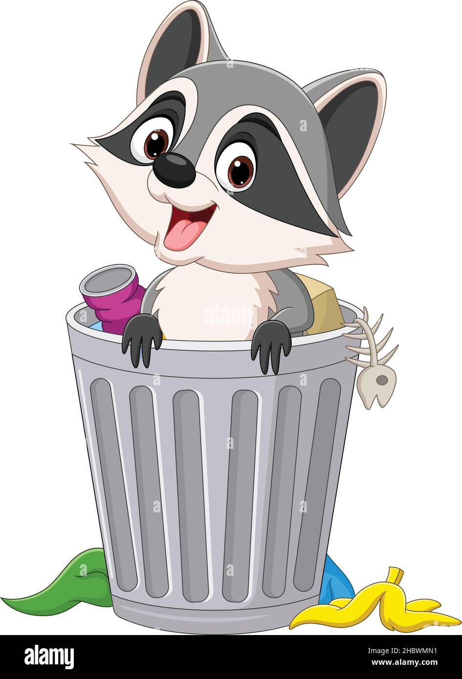 Cute raccoon cartoon in trash can Stock Vector