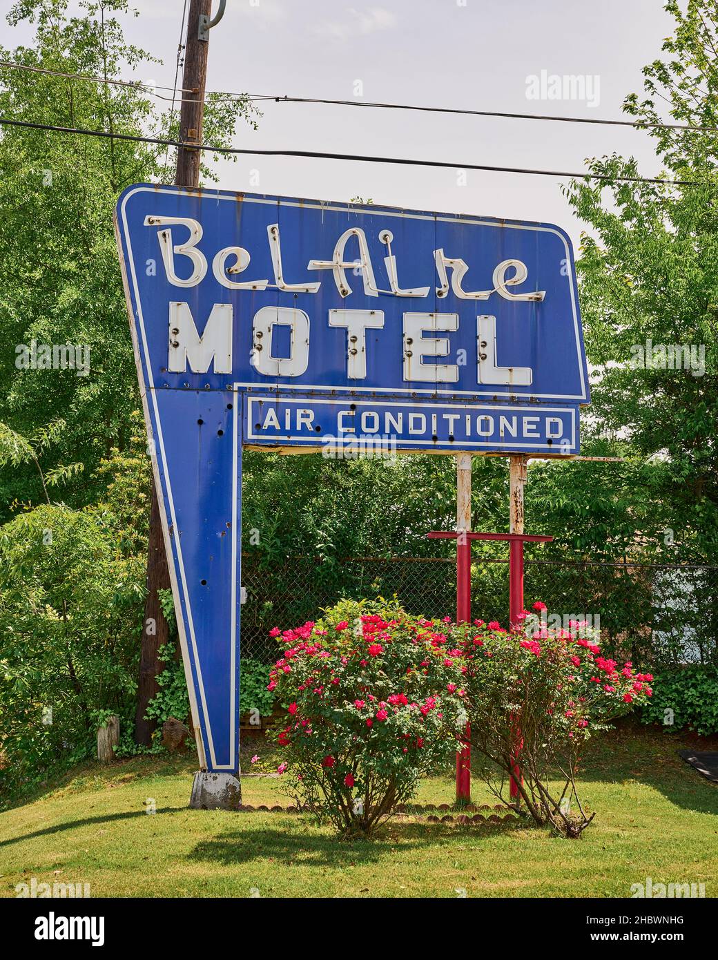 Bel Aire Motel neon sign for a motel or motor lodge in Tuscaloosa Alabama, USA. Stock Photo