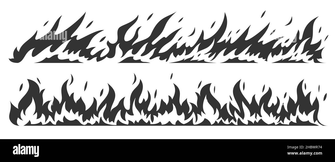 Fire bonfire border flames black silhouette set. Stamp flame energy fiery explosion hot outline warning symbols. Collection sign icon danger ignition object forest fires flammable isolated on white Stock Vector