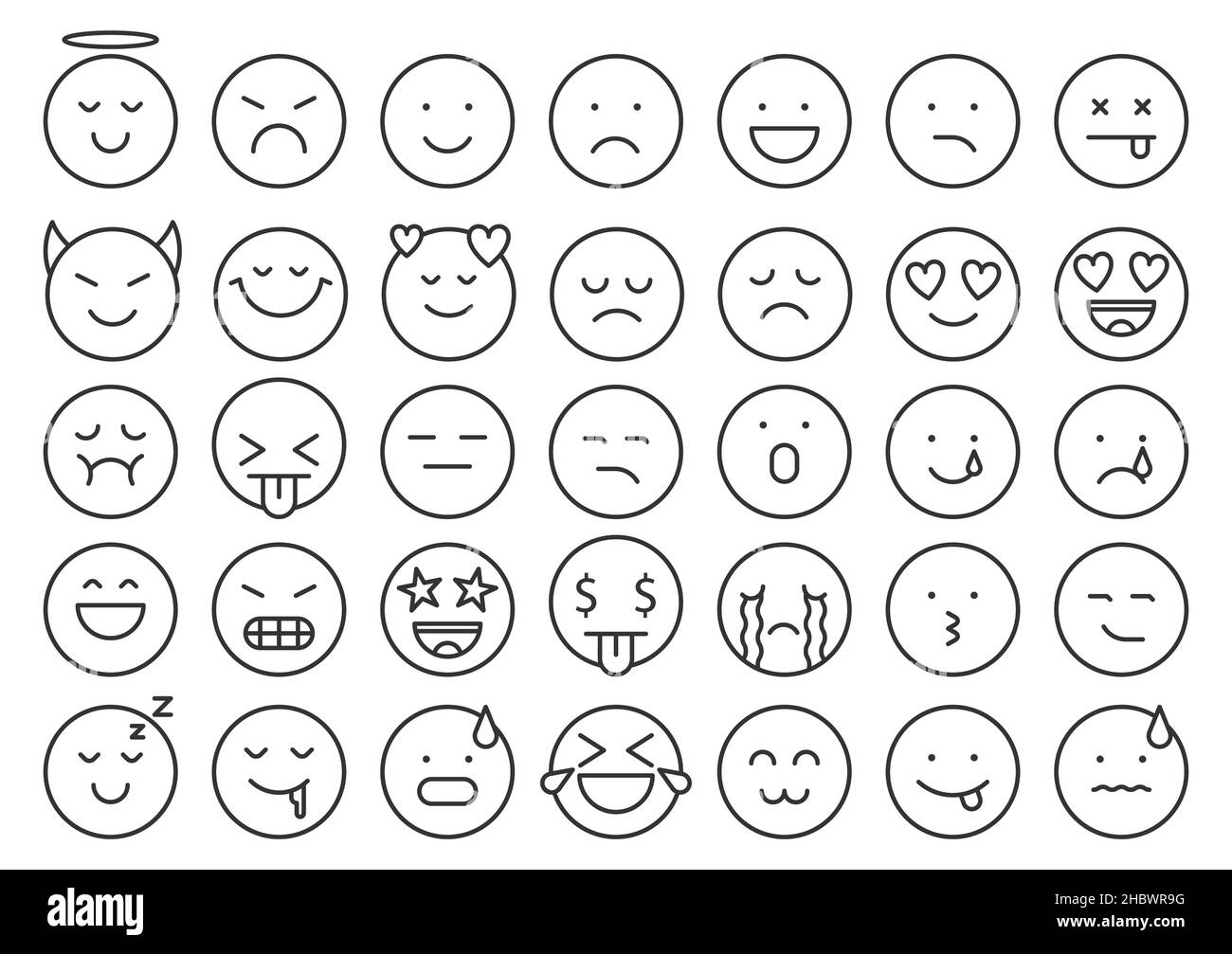 Emoji face icon simple black line set. Different emotion icon communication in the social network messenger website. Expression sadness joy anger cute minimal shape chat sticker isolated on white Stock Vector