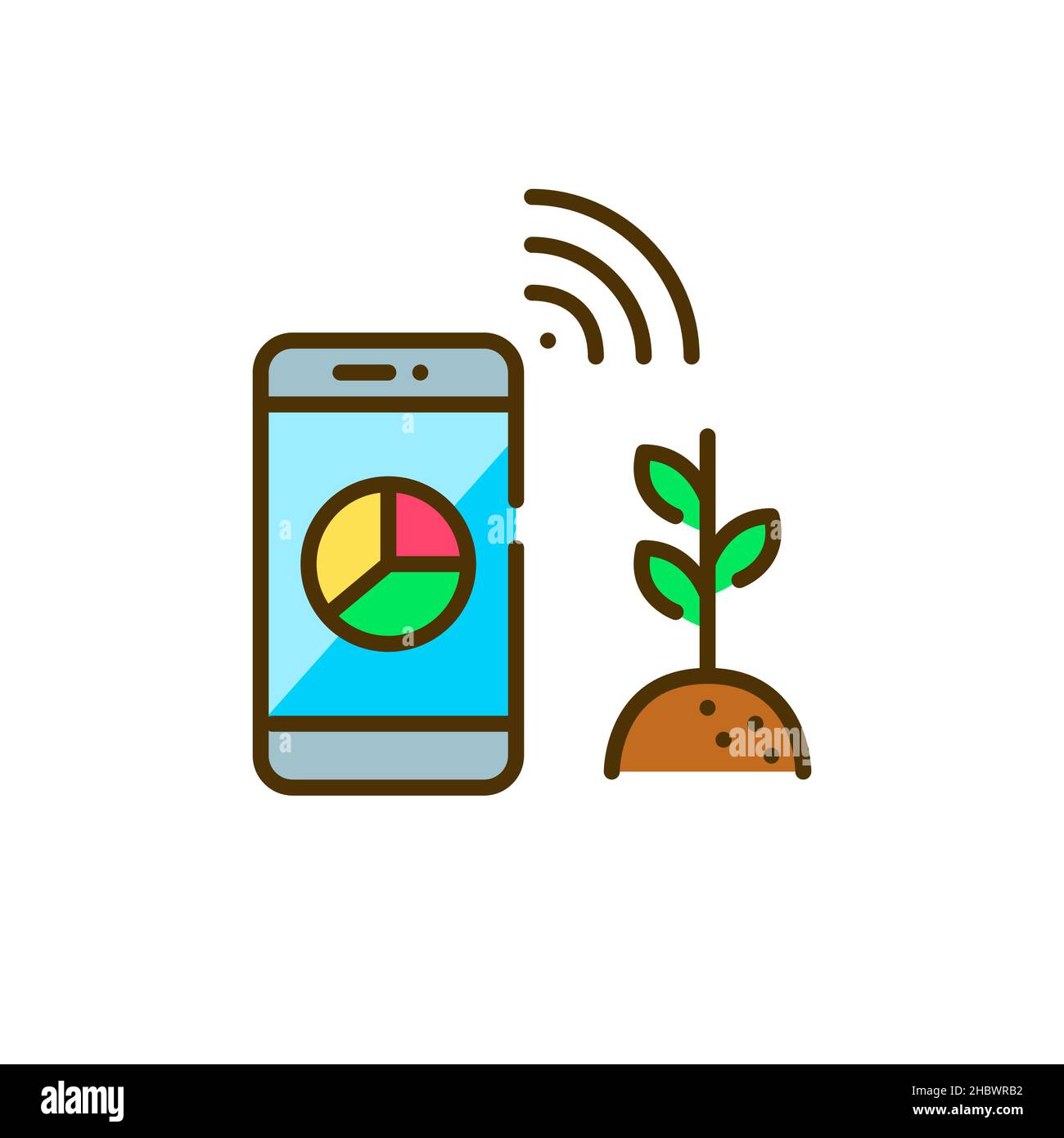 Smart farming technology. Statistics gathered with wireless sensors and analyzed on a smartphone. Pixel perfect, editable stroke colorful icon Stock Vector