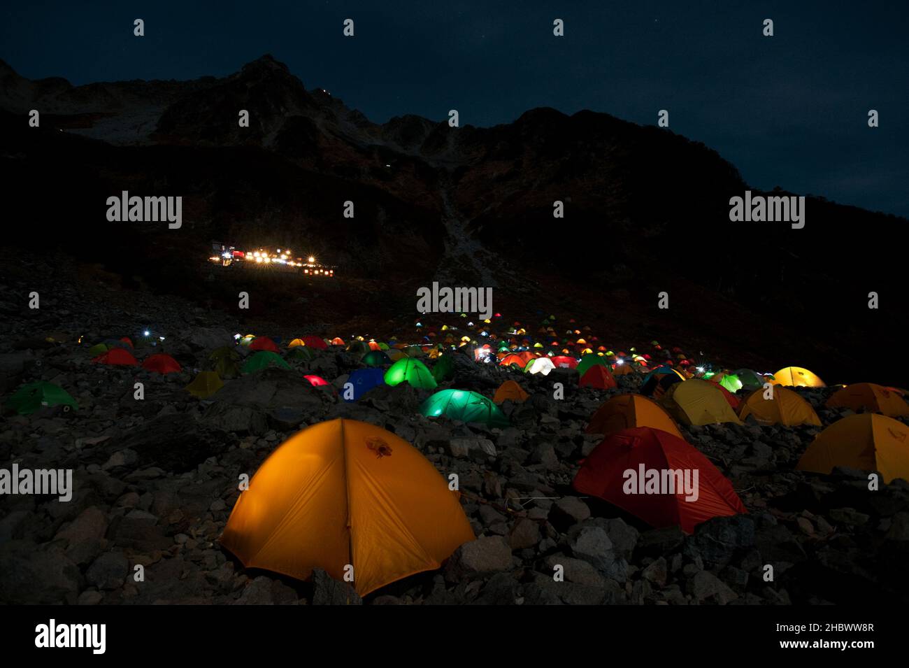 Tents at night at the Karasawa Cirque in the Japan Alps. Stock Photo