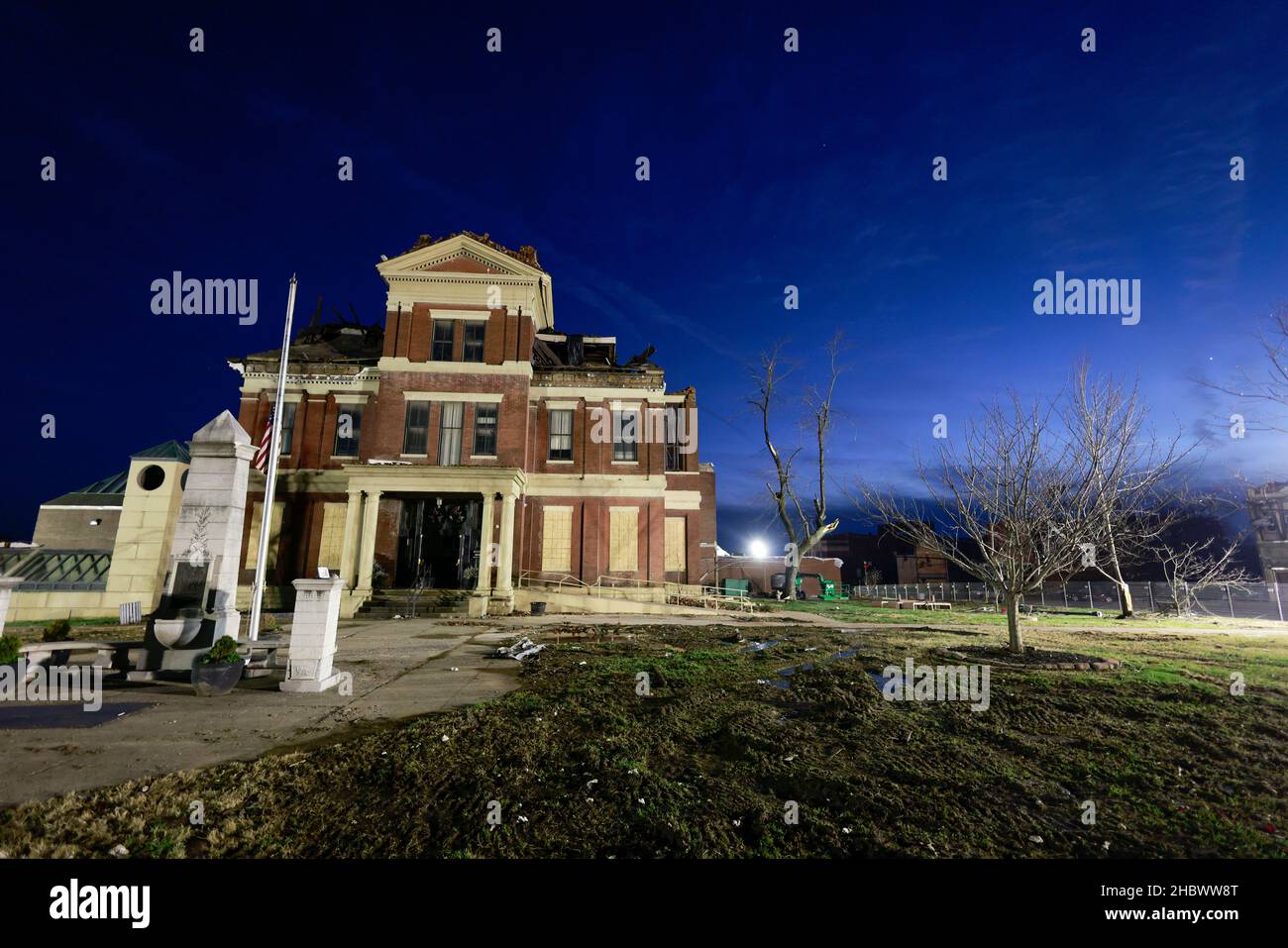 MAYFIELD, KENTUCKY DECEMBER 20 Lights illuminate the tornado damaged