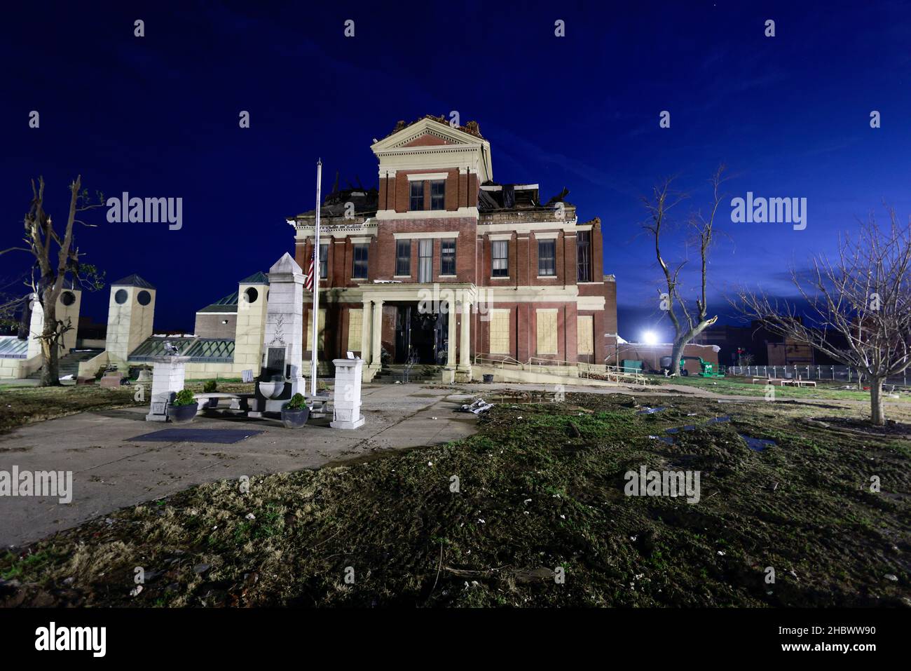 MAYFIELD, KENTUCKY DECEMBER 20 Lights illuminate the tornado damaged