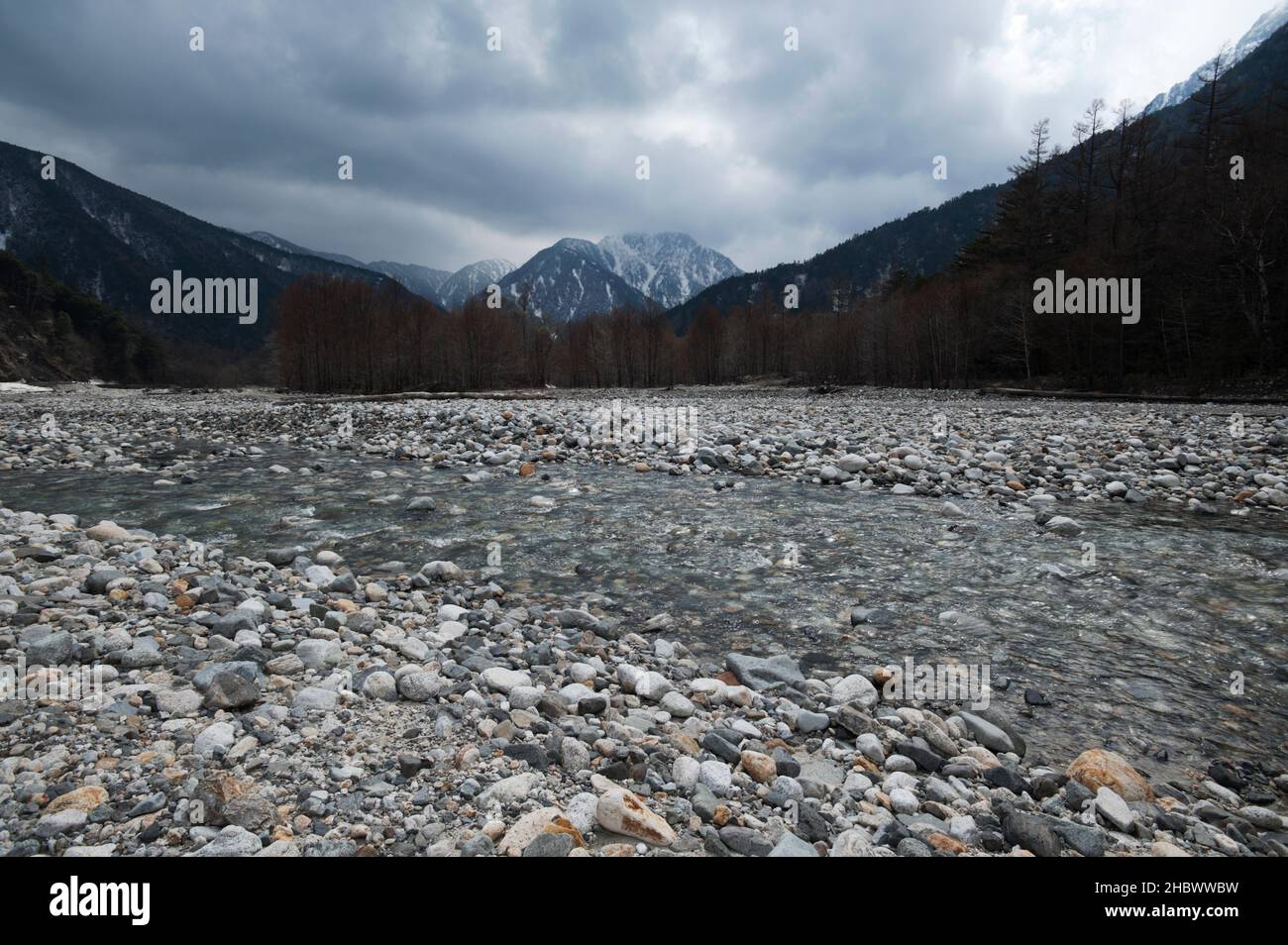 The Azusa River flowing across the Kamikochi plain in the heart of the Japan Alps, Kamikochi, in early Spring. Stock Photo