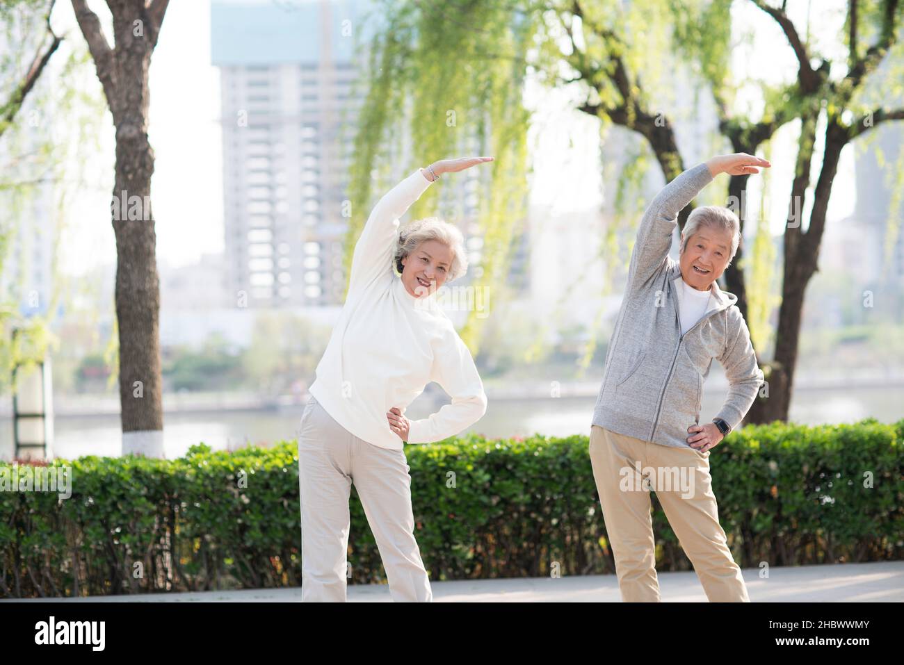 Elderly couple exercising in the park Stock Photo - Alamy