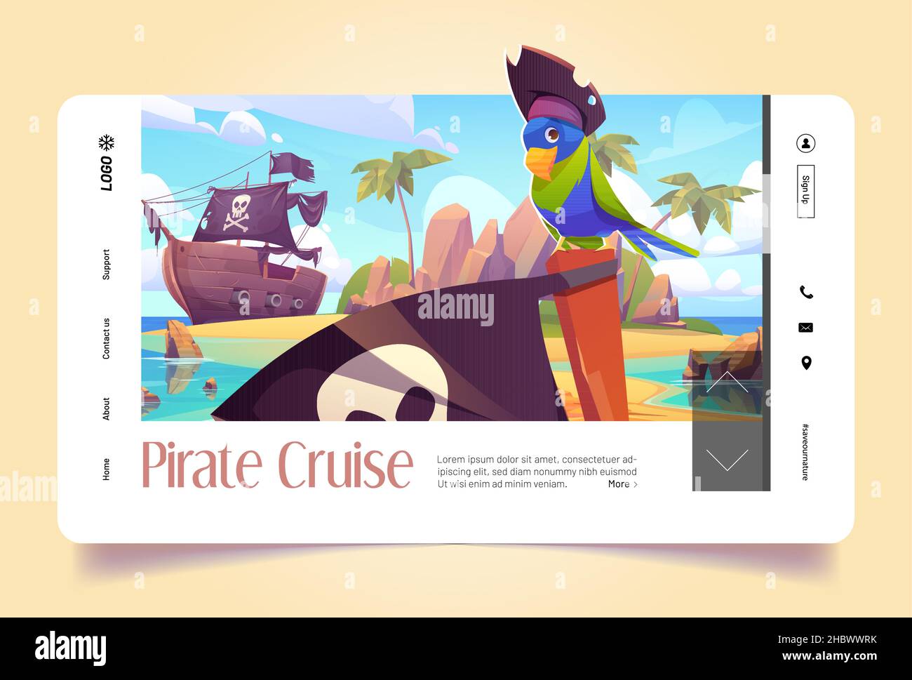 Pirate cruise banner with parrot in hat and corsair ship in sea. Vector landing page with cartoon illustration of piracy bird on beach of tropical island with rocks, palm trees and wooden sailboat Stock Vector