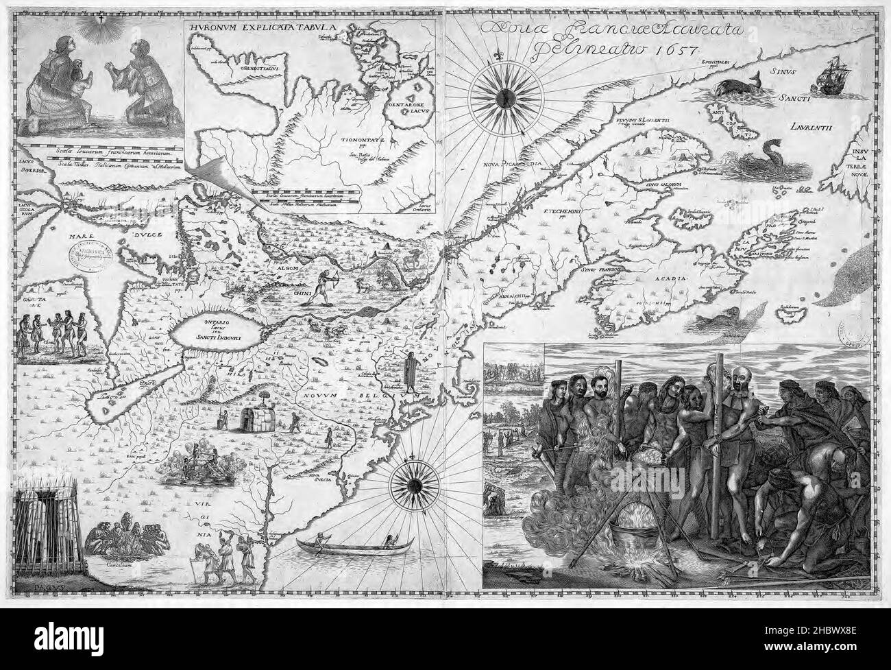 Historical illustrated map titled An Accurate Depiction of New France attributed to the Jesuit Francesco Bressani ca. 1657.  In the lower right is a scene of the martyrdom in 1649 of priests Jean de Brebeuf and Gabriel Lalemant. In the upper left is a portrait of an Indian family in prayer. Illustrations on the map depict Indian villages, a canoe, animals and hunting, and other scenes. Stock Photo