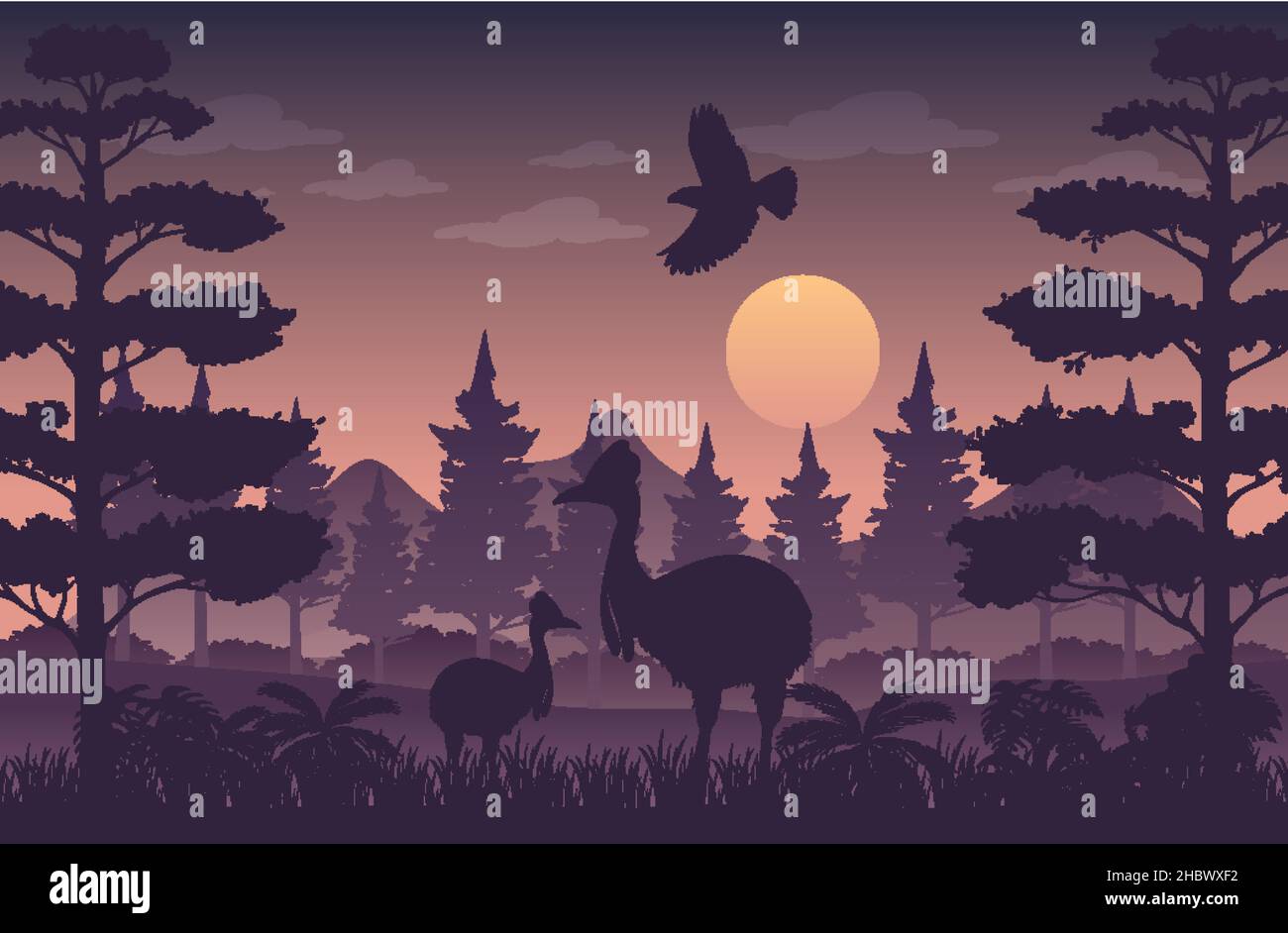 Silhouette twilight forest landscape background illustration Stock ...