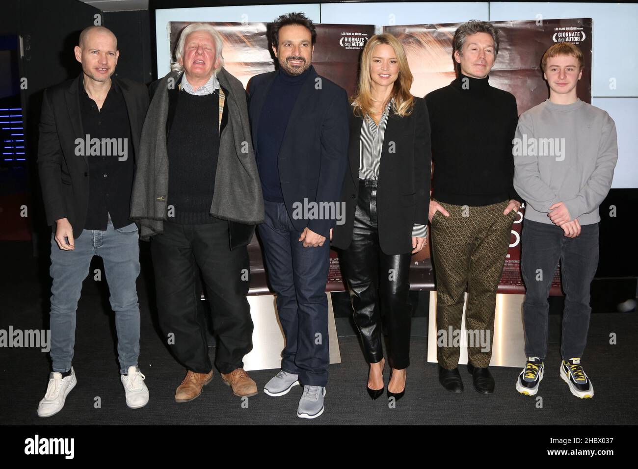 Paris, France, December 21, 2021. Nadav Lapid, Francois Rostain, Bruno  Salomone, Virginie Efira, Antoine Barraud and Thomas Gioria attends  Madeleine Collins Premiere, held at the UGC Les Halles, in Paris, France, on